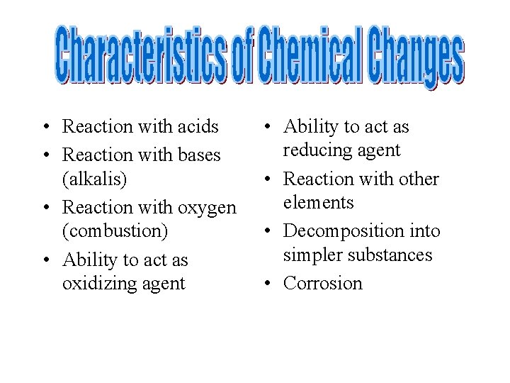  • Reaction with acids • Reaction with bases (alkalis) • Reaction with oxygen