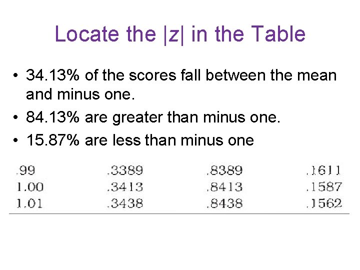 Locate the |z| in the Table • 34. 13% of the scores fall between