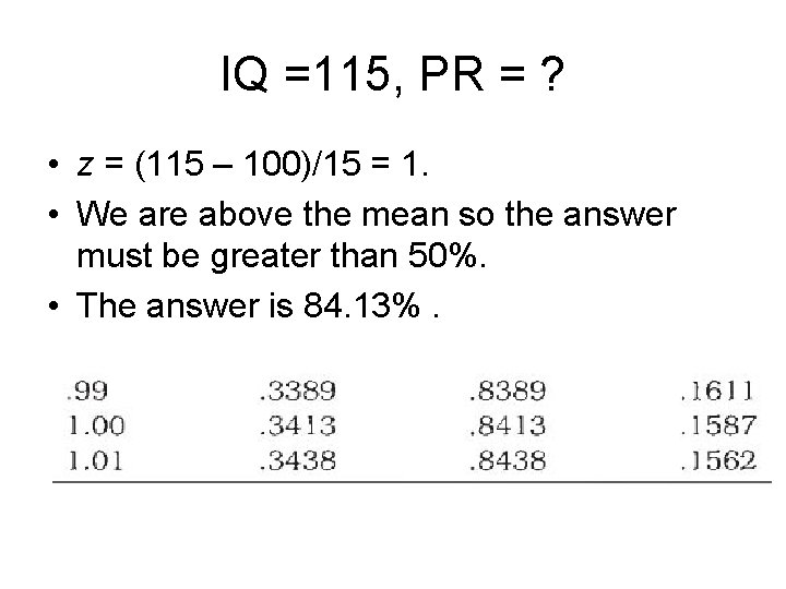IQ =115, PR = ? • z = (115 – 100)/15 = 1. •