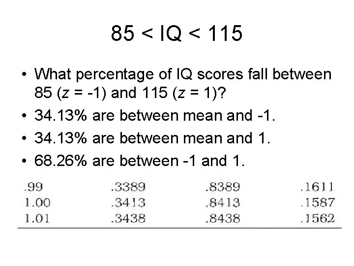85 < IQ < 115 • What percentage of IQ scores fall between 85