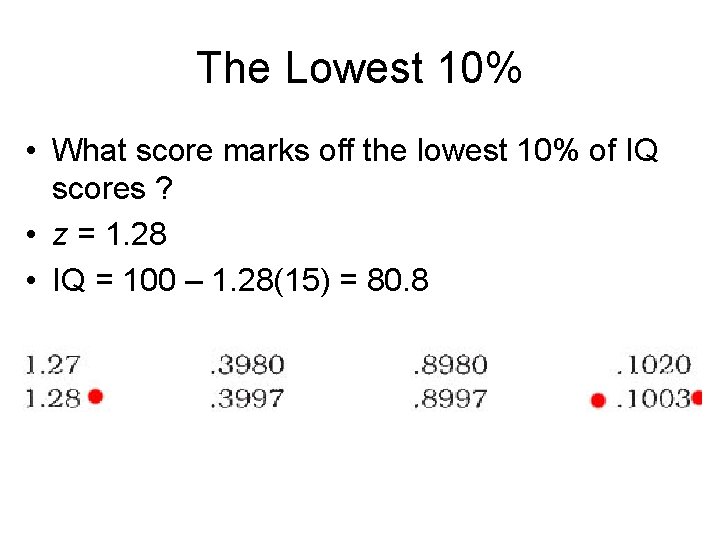 The Lowest 10% • What score marks off the lowest 10% of IQ scores