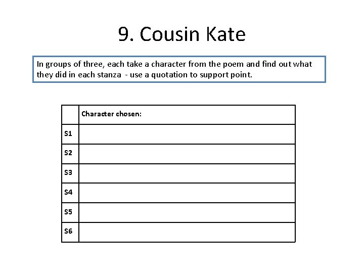 9. Cousin Kate In groups of three, each take a character from the poem