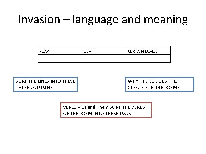 Invasion – language and meaning FEAR DEATH SORT THE LINES INTO THESE THREE COLUMNS