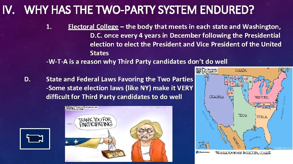 IV. WHY HAS THE TWO-PARTY SYSTEM ENDURED? 1. Electoral College – the body that