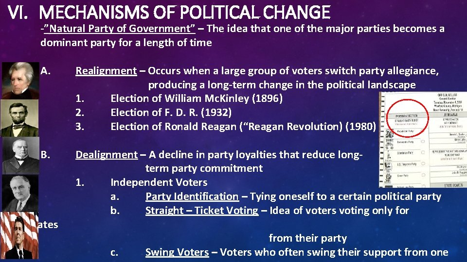 VI. MECHANISMS OF POLITICAL CHANGE -”Natural Party of Government” – The idea that one