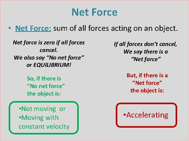 Net Force • Net Force: sum of all forces acting on an object. Net