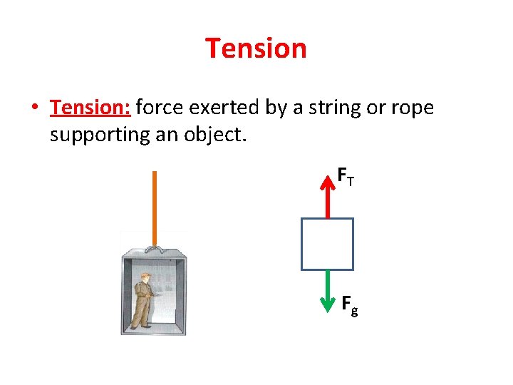 Tension • Tension: force exerted by a string or rope supporting an object. FT