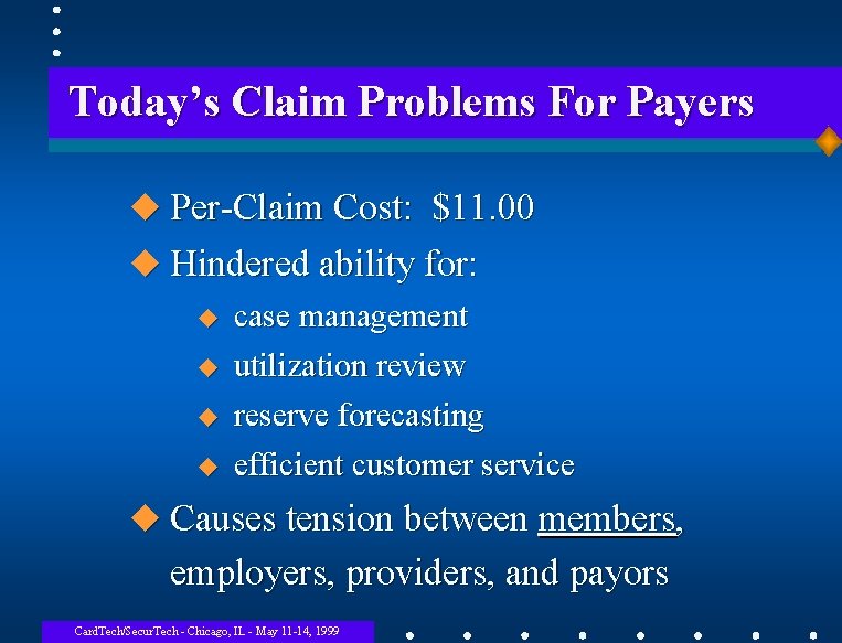 Today’s Claim Problems For Payers u Per-Claim Cost: $11. 00 u Hindered ability for: