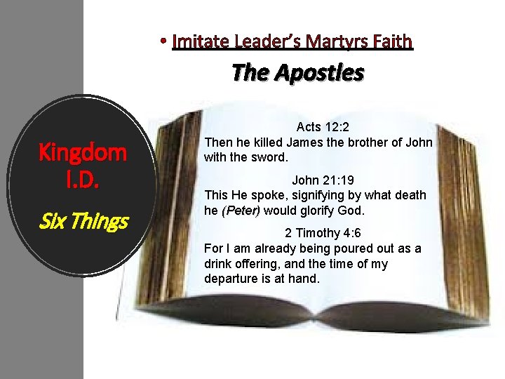  • Imitate Leader’s Martyrs Faith The Apostles Kingdom I. D. Six Things Acts