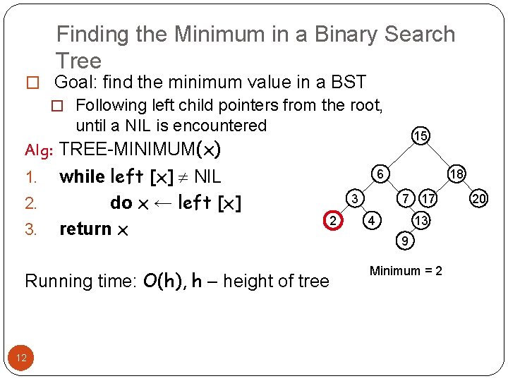 Finding the Minimum in a Binary Search Tree � Goal: find the minimum value Finding the Minimum in a Binary Search Tree � Goal: find the minimum value