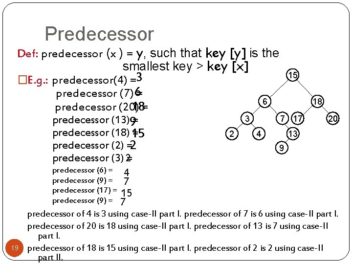 Predecessor Def: predecessor (x ) = y, such that key [y] is the smallest