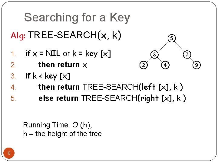 Searching for a Key Alg: TREE-SEARCH(x, k) 1. 2. 3. 4. 5. if x Searching for a Key Alg: TREE-SEARCH(x, k) 1. 2. 3. 4. 5. if x