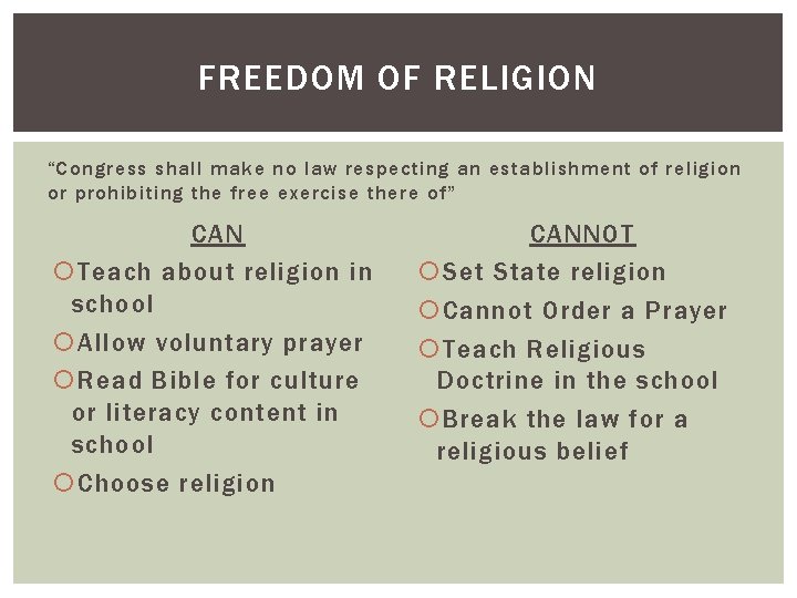 FREEDOM OF RELIGION “Congress shall make no law respecting an establishment of religion or
