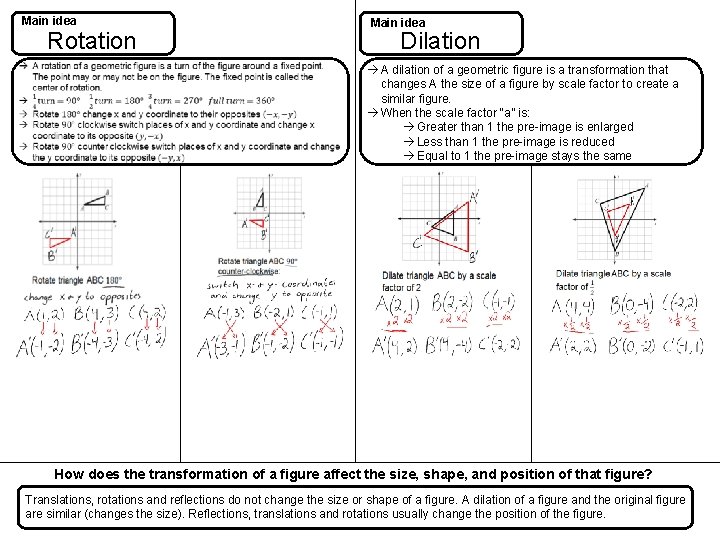 Main idea Rotation Main idea Dilation à A dilation of a geometric figure is