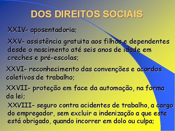 DOS DIREITOS SOCIAIS XXIV- aposentadoria; XXV- assistência gratuita aos filhos e dependentes desde o