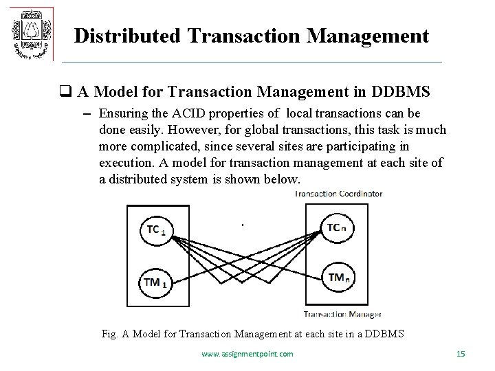 Distributed Transaction Management q A Model for Transaction Management in DDBMS – Ensuring the