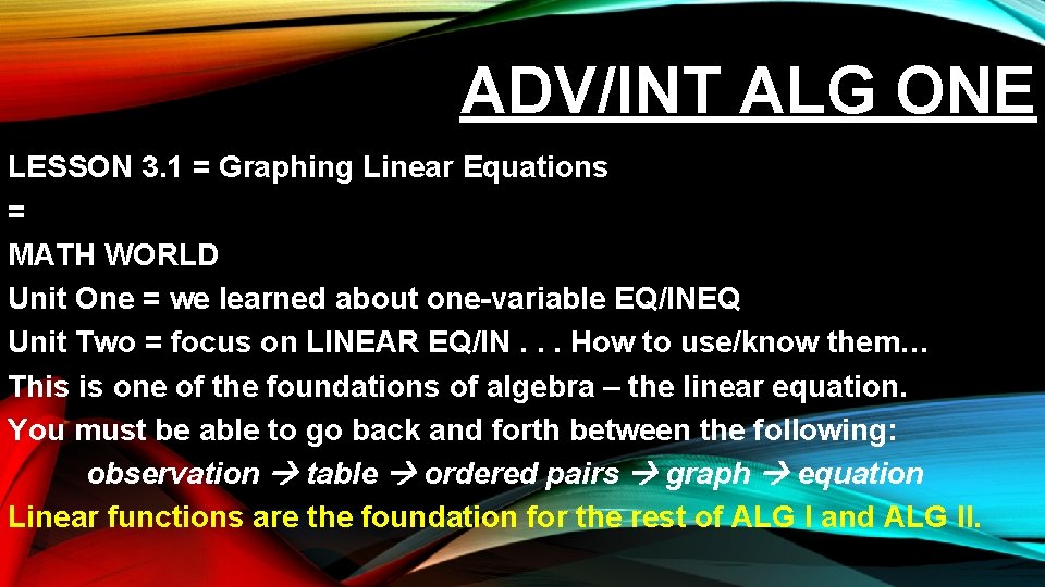ADV/INT ALG ONE LESSON 3. 1 = Graphing Linear Equations = MATH WORLD Unit