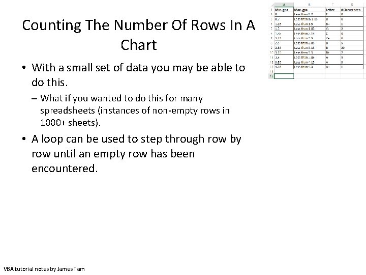 Counting The Number Of Rows In A Chart • With a small set of