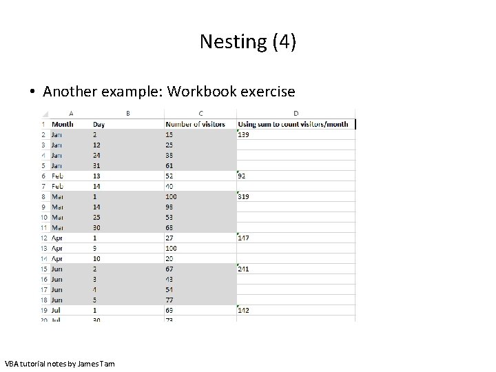 Nesting (4) • Another example: Workbook exercise VBA tutorial notes by James Tam 
