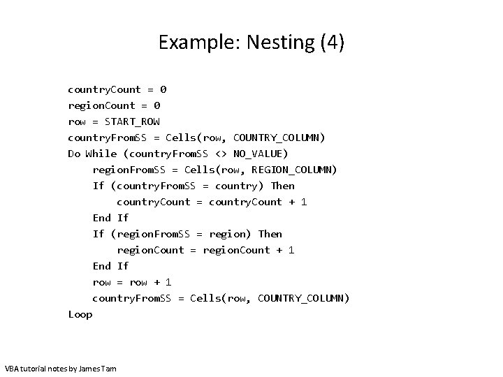 Example: Nesting (4) country. Count = 0 region. Count = 0 row = START_ROW