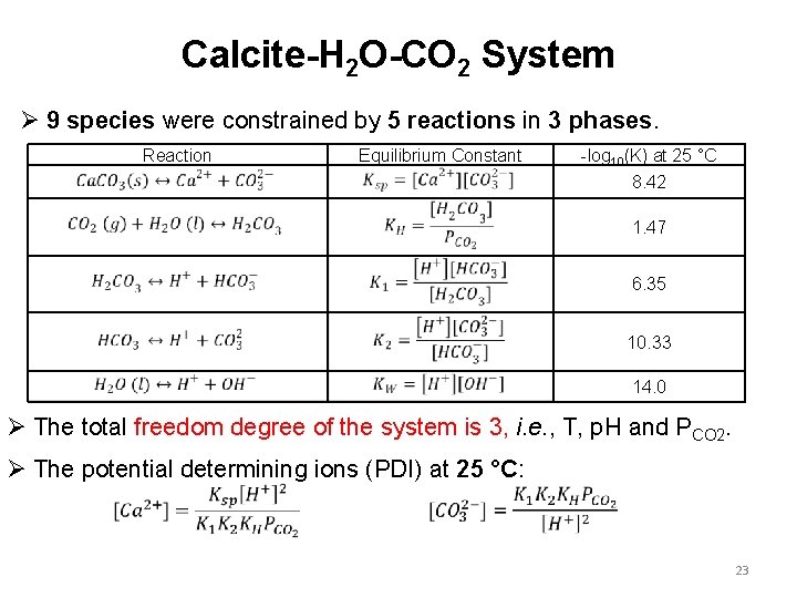 Calcite-H 2 O-CO 2 System Ø 9 species were constrained by 5 reactions in