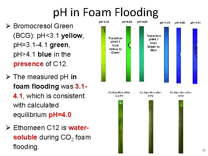 p. H in Foam Flooding Ø Bromocresol Green (BCG): p. H<3. 1 yellow, p.