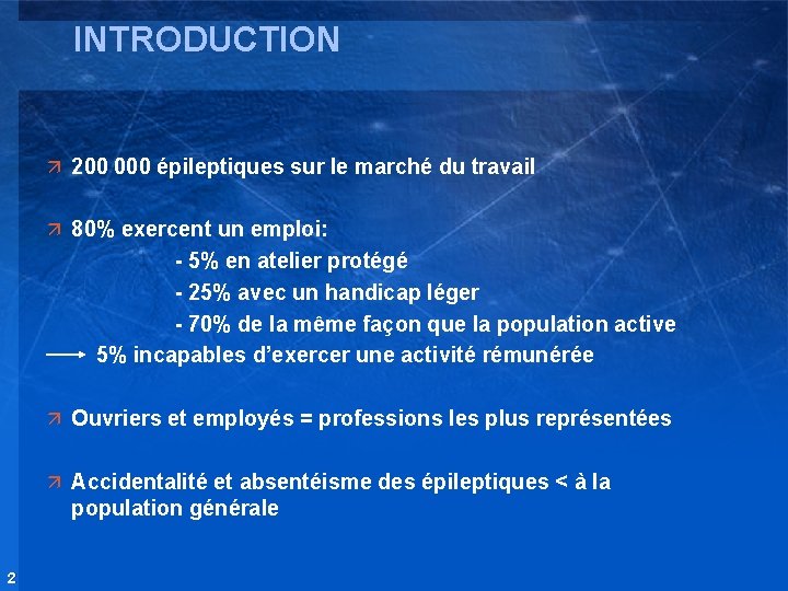 INTRODUCTION ä 200 000 épileptiques sur le marché du travail ä 80% exercent un