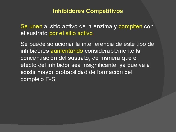 Inhibidores Competitivos Se unen al sitio activo de la enzima y compiten con el