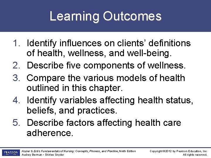 Learning Outcomes 1. Identify influences on clients’ definitions of health, wellness, and well-being. 2.