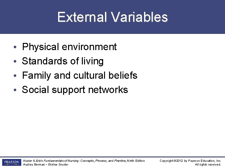 External Variables • • Physical environment Standards of living Family and cultural beliefs Social