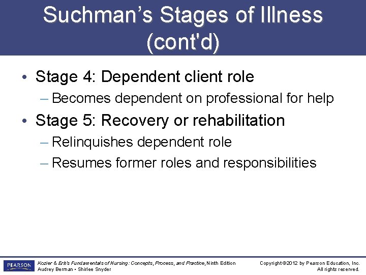 Suchman’s Stages of Illness (cont'd) • Stage 4: Dependent client role – Becomes dependent