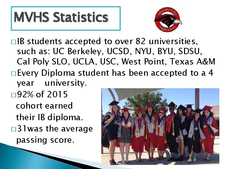 MVHS Statistics � IB students accepted to over 82 universities, such as: UC Berkeley,