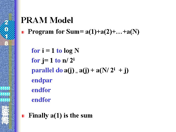 2 0 1 8 陈 贵 海 PRAM Model Program for Sum= a(1)+a(2)+…+a(N) for