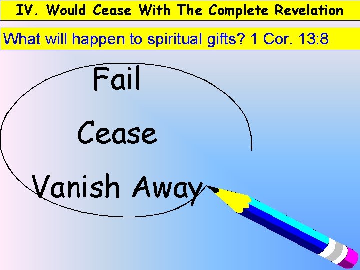 IV. Would Cease With The Complete Revelation What will happen to spiritual gifts? 1