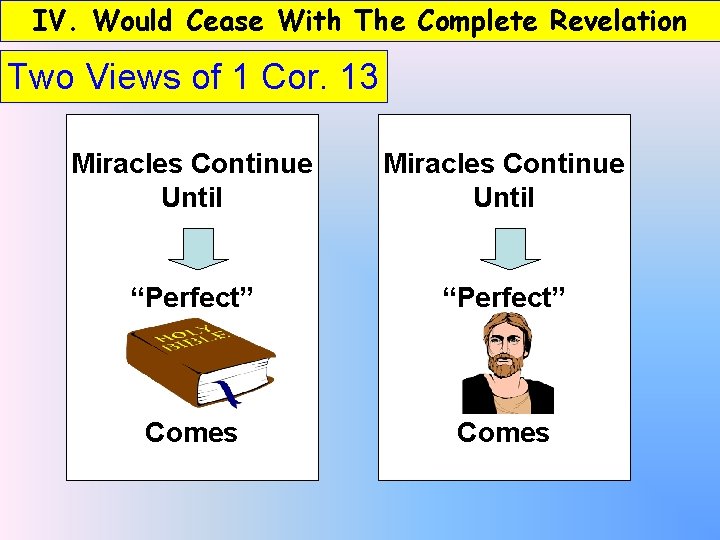 IV. Would Cease With The Complete Revelation Two Views of 1 Cor. 13 Miracles