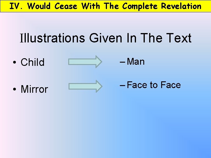 IV. Would Cease With The Complete Revelation Illustrations Given In The Text • Child