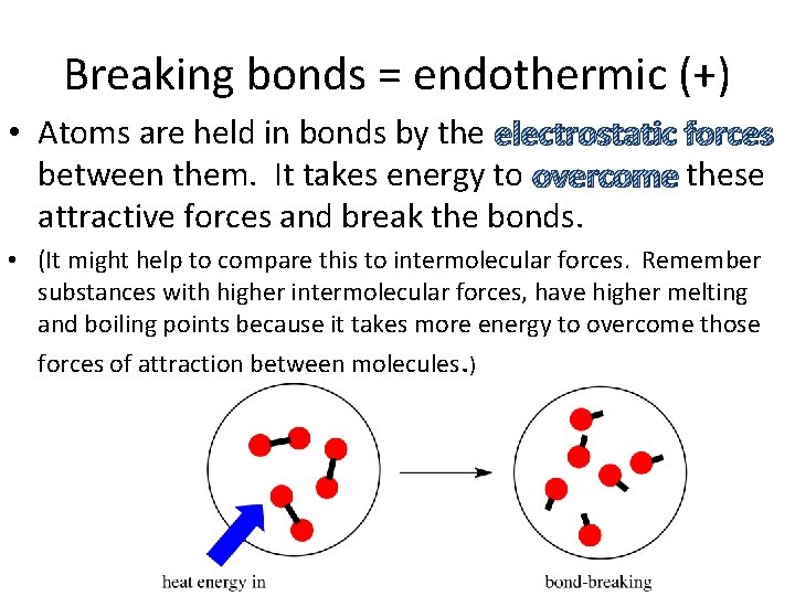 Breaking bonds = endothermic (+) • Atoms are held in bonds by the electrostatic