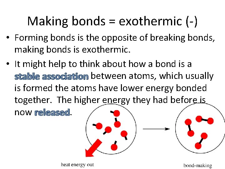 Making bonds = exothermic (-) • Forming bonds is the opposite of breaking bonds,