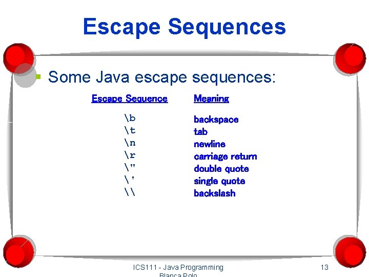 Escape Sequences § Some Java escape sequences: Escape Sequence b t n r "