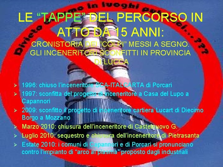 LE “TAPPE” DEL PERCORSO IN ATTO DA 15 ANNI: CRONISTORIA DEI “COLPI” MESSI A