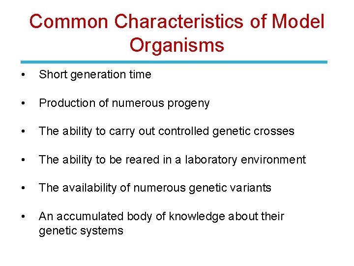 Common Characteristics of Model Organisms • Short generation time • Production of numerous progeny