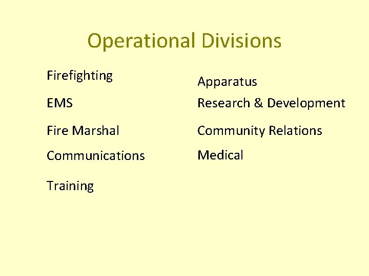 Operational Divisions Firefighting EMS Apparatus Research & Development Fire Marshal Community Relations Communications Medical