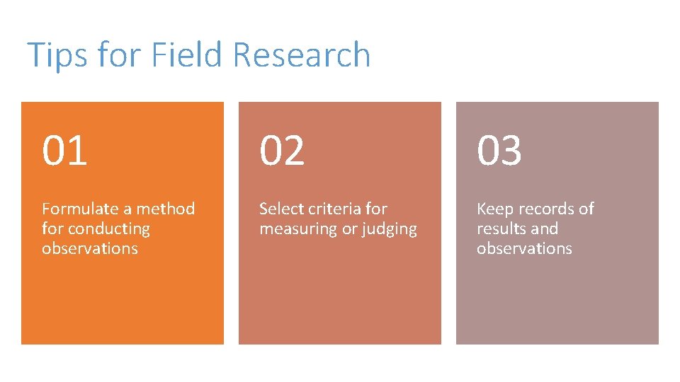 Tips for Field Research 01 02 03 Formulate a method for conducting observations Select