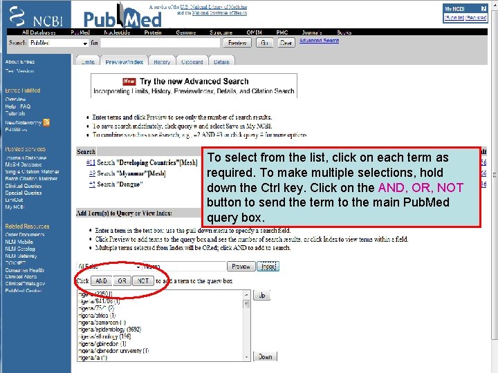 Preview/Index 6 To select from the list, click on each term as required. To