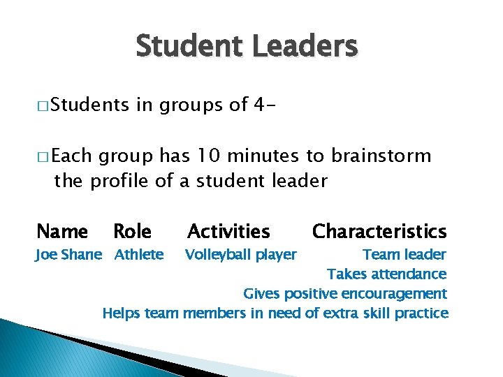 Student Leaders � Students in groups of 4 - � Each group has 10