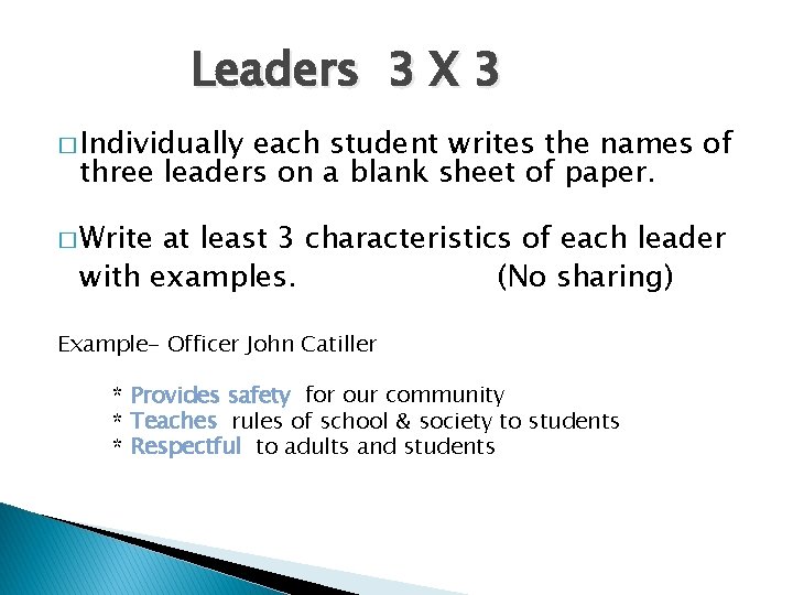 Leaders 3 X 3 � Individually each student writes the names of three leaders