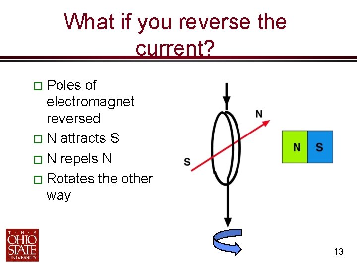 What if you reverse the current? � Poles of electromagnet reversed � N attracts
