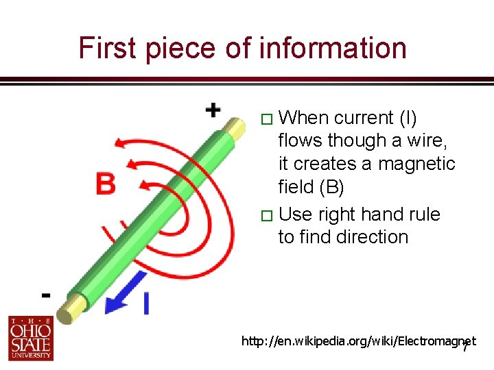 First piece of information � When current (I) flows though a wire, it creates