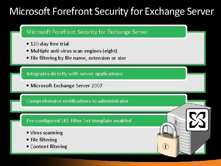 Microsoft Forefront Security for Exchange Server • 120 -day free trial • Multiple anti-virus