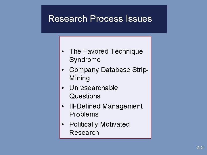 Research Process Issues • The Favored-Technique Syndrome • Company Database Strip. Mining • Unresearchable